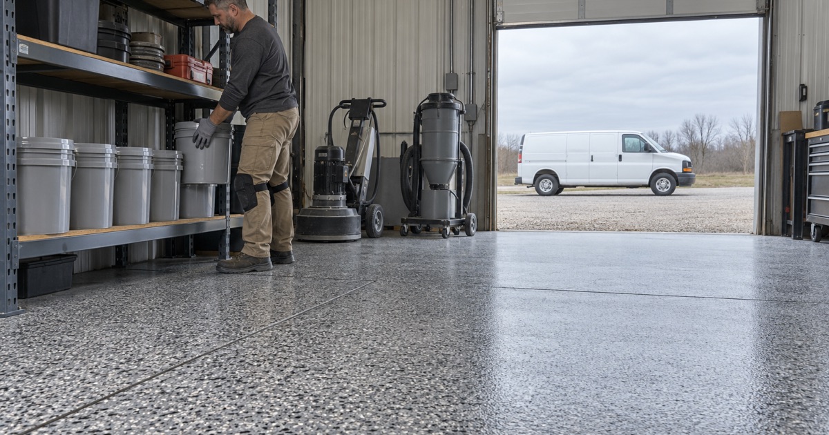 A pail of coating set on the steel shelving of a Marion-area floor coating crew’s shop, its own gray flake floor underfoot.