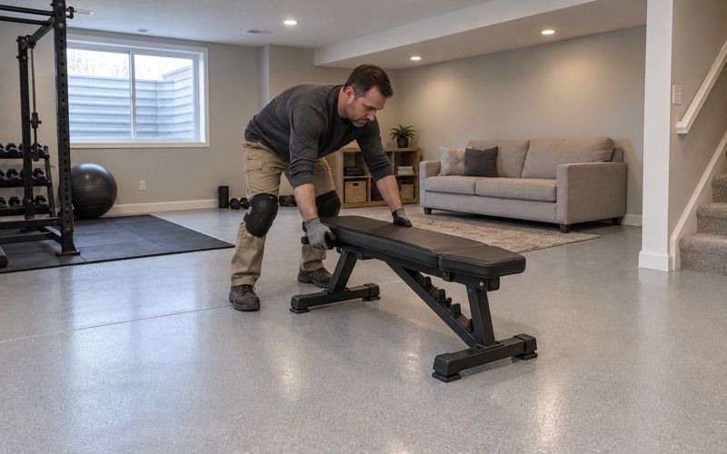 A workout bench slid onto a new light gray quartz epoxy floor in the finished basement of a Marion house.