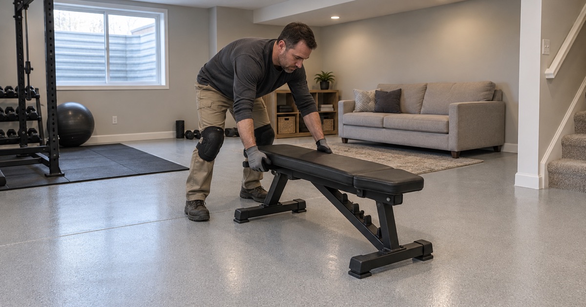 A workout bench slid onto a new light gray quartz epoxy floor in the finished basement of a Marion house.