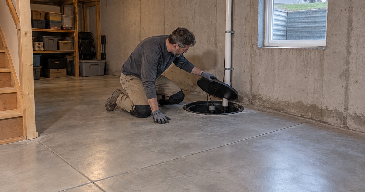 The lid lifted off an interior sump pit in the bare basement slab of a Marion house, the drain tile and slab read before any coating is chosen.