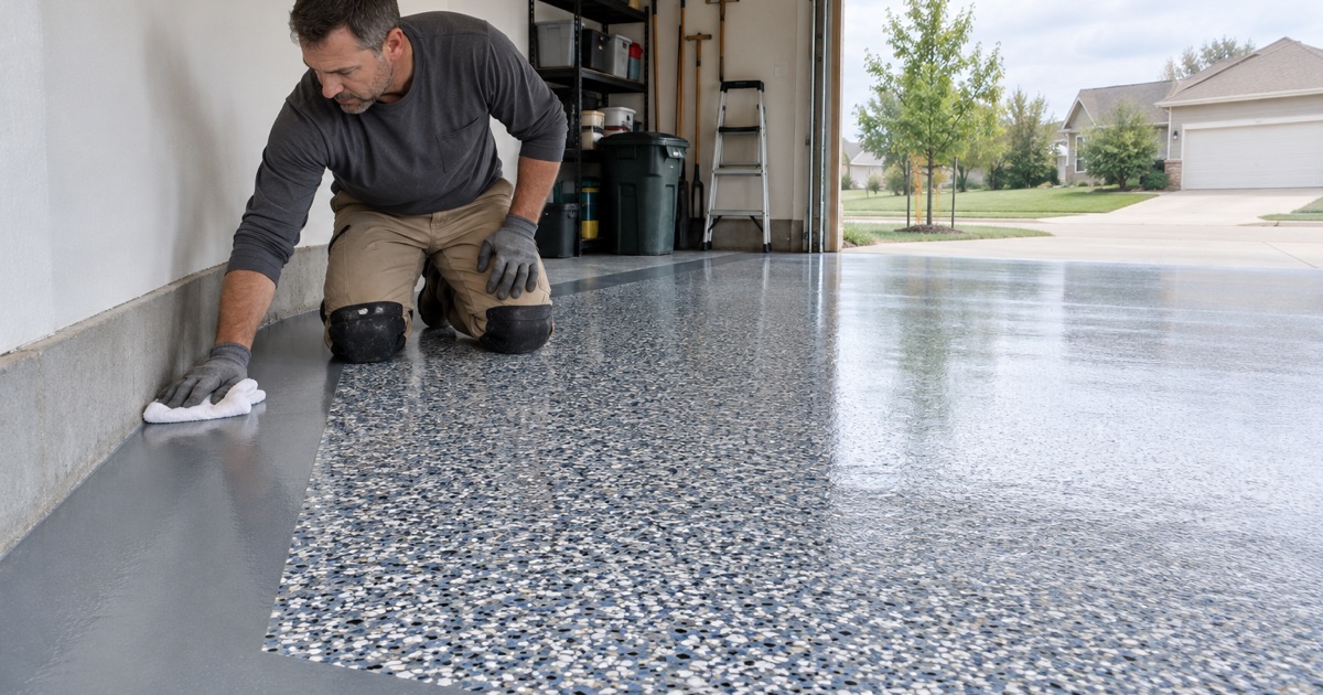 A blue-gray flake field framed by a solid gray border band on a finished garage floor in a newer Marion home.