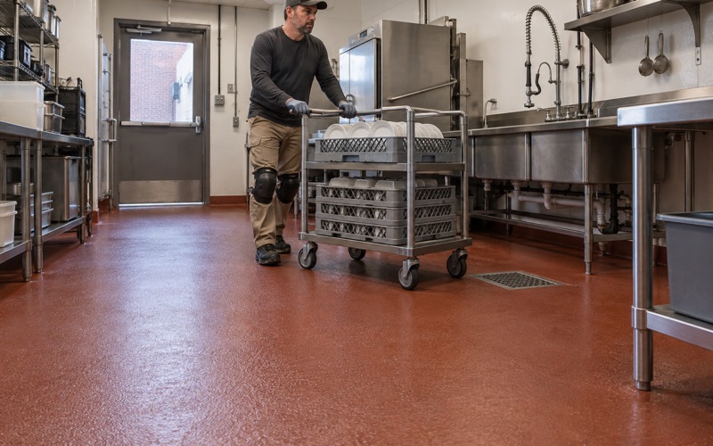 A dish cart pushed across a new urethane cement floor with a coved base and floor sink in an Uptown Marion restaurant kitchen.