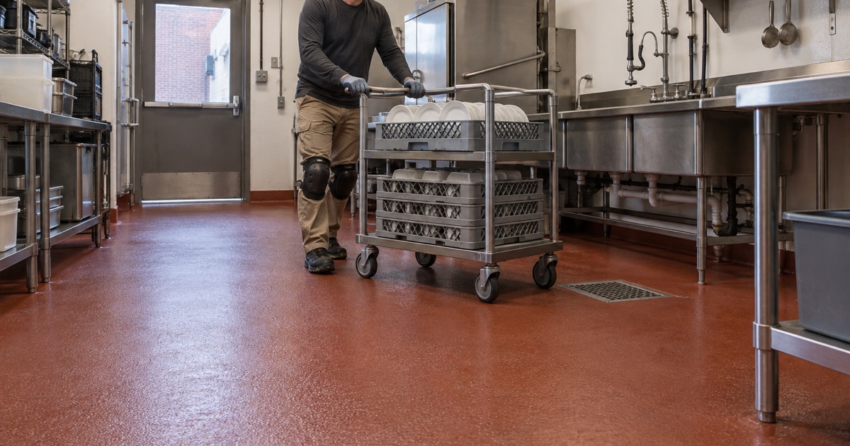 A dish cart pushed across a new urethane cement floor with a coved base and floor sink in an Uptown Marion restaurant kitchen.