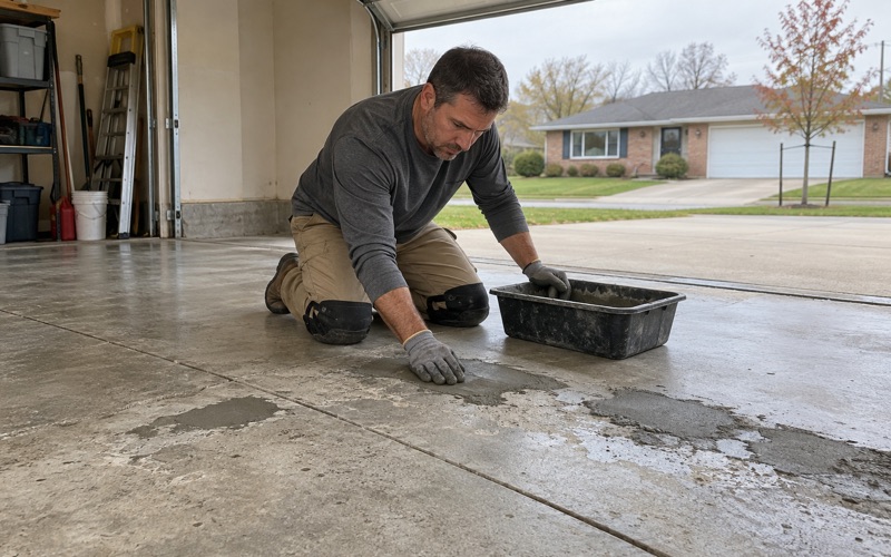 Salt-damaged spalls at a Marion garage threshold patched with repair mortar before the floor is ground and coated.