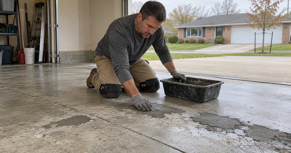 Salt-damaged spalls at a Marion garage threshold patched with repair mortar before the floor is ground and coated.