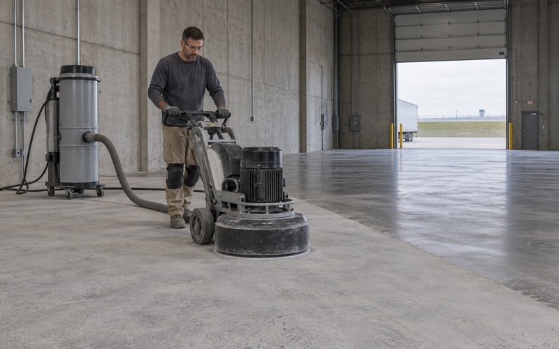 A planetary grinder with a dust shroud and extractor opening up a warehouse slab in the Marion Enterprise Center industrial park.
