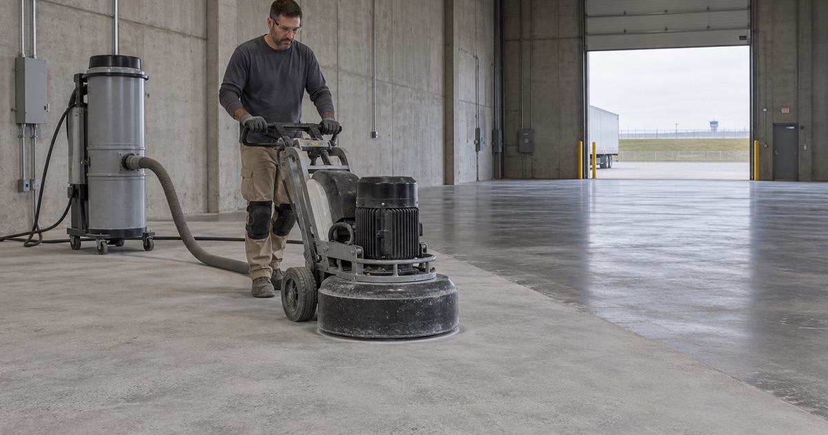 A planetary grinder with a dust shroud and extractor opening up a warehouse slab in the Marion Enterprise Center industrial park.