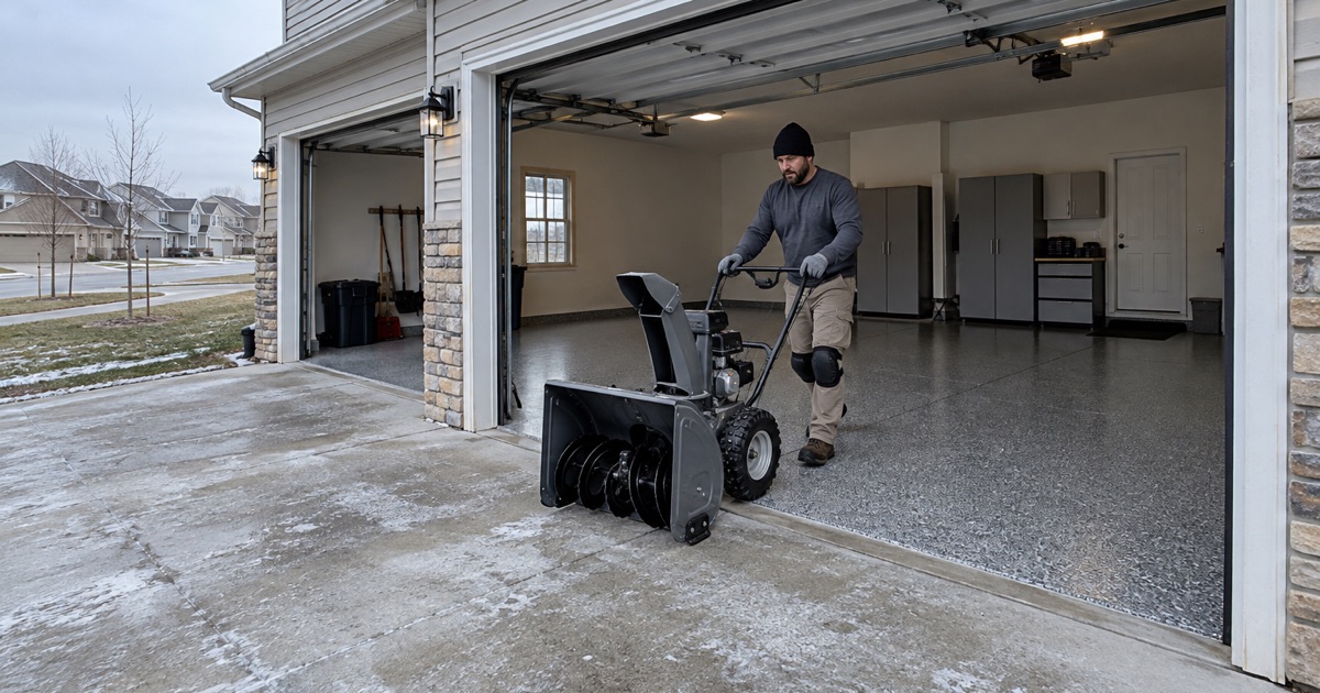 A snowblower wheeled back onto a new charcoal and gray flake floor in the three-car garage of a newer two-story house in Marion, Iowa.