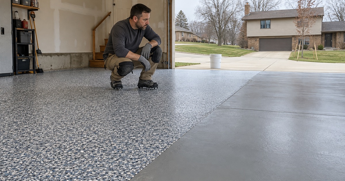 Dense gray, blue and white flake settled on the base coat in a Marion garage, the worker checking coverage at the working edge.