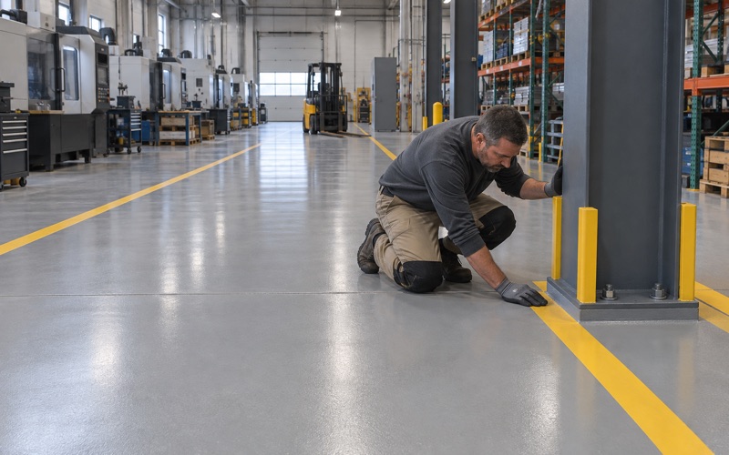 A worker checking the coating at a steel column base on a new high-build epoxy floor in a Marion manufacturing plant.