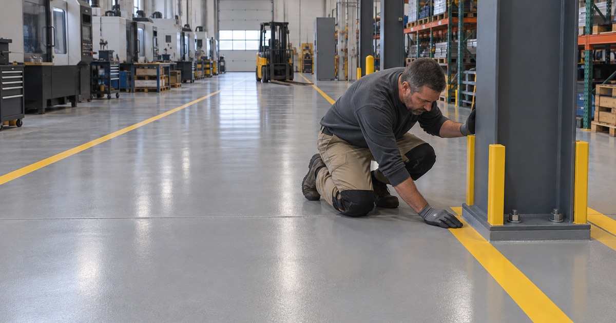 A worker checking the coating at a steel column base on a new high-build epoxy floor in a Marion manufacturing plant.
