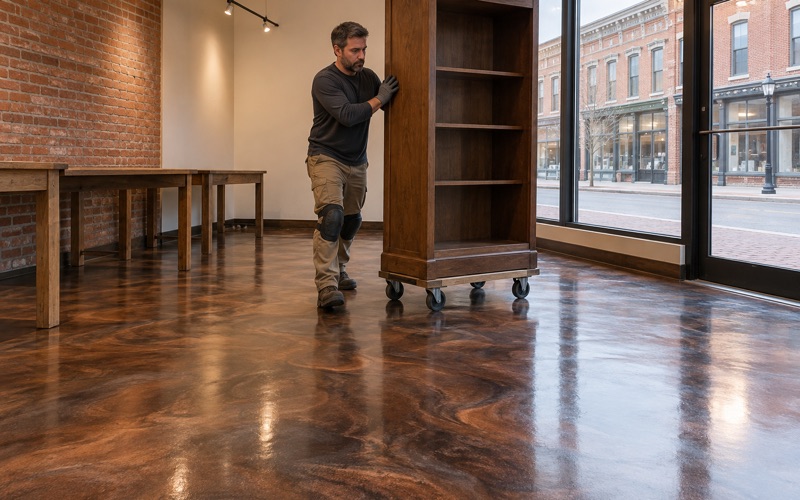 A display cabinet wheeled onto a bronze and charcoal metallic epoxy floor in a small Uptown Marion boutique.