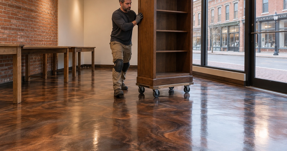 A display cabinet wheeled onto a bronze and charcoal metallic epoxy floor in a small Uptown Marion boutique.