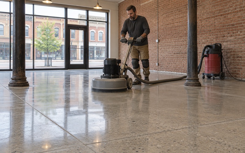 A planetary polisher bringing up the sheen on a concrete floor inside an old brick commercial building in Uptown Marion.
