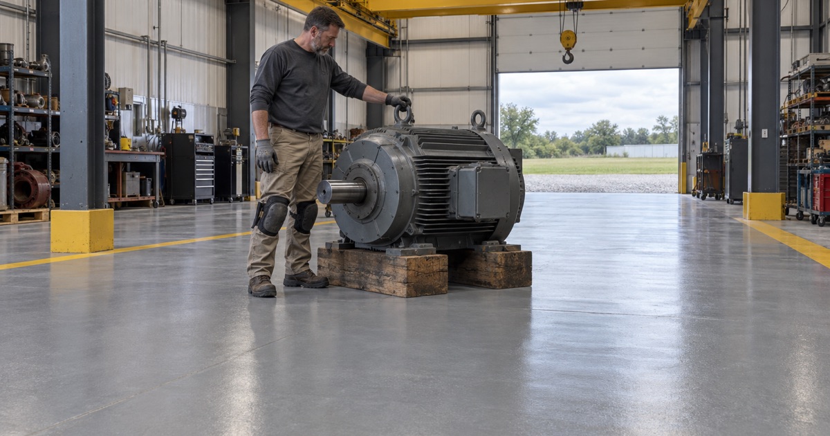 A large electric motor resting on timber cribbing on a new gray epoxy floor in a Marion motor repair shop under an overhead crane.